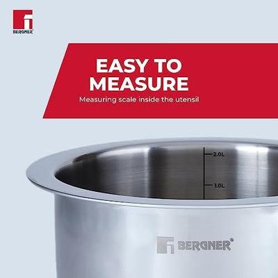 BERGNER Tripro Triply Stainless Steel Tope/Patila with Stainless Steel Lid, 16 cm, 2.1 Litre, Induction Base, Silver