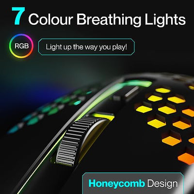 Ambrane Honeycomb Design Wired Gaming Mouse with 6 Programmable Buttons, 4-Speed Customizable 3600 DPI, Comfortable Grip, 7 Colors Breathing LED Light, 1.5m Long Cable, Lightweight (TroneX, Black)
