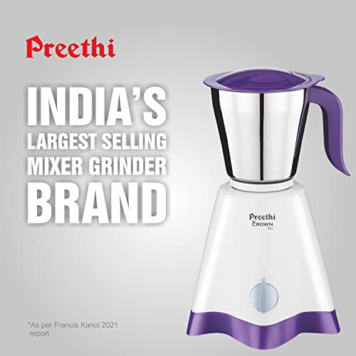 Preethi Crown Pro MG-254 Mixer grinder, 600 watt, White/Purple, 3 Jars with 5yr Motor Warranty & Lifelong Free Service