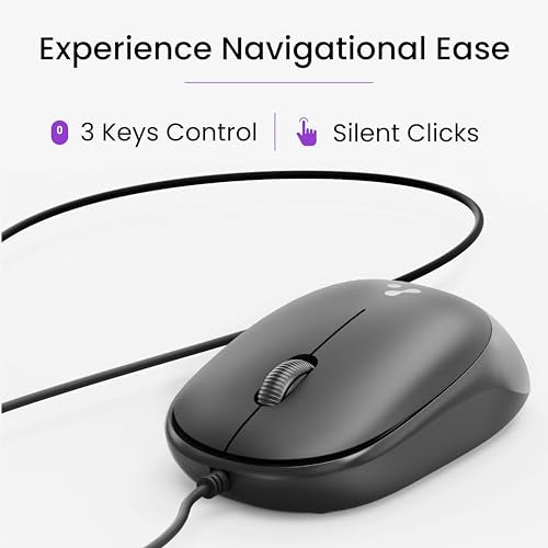 Ambrane Wired USB Mouse, Plug & Play, High Resolution 1600 DPI Optical Sensor, 3-Button Design, Clickable Scroll Wheel, Ambidextrous, Ergonomic Mouse for Comfortable All-Day Grip (Sliq 2 Wired)