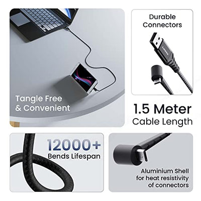 Ambrane Micro USB Standing Cable, 3A Fast Charging, Perfect for Holding Mobile while Charging/Binge-Watching, 480mbps Data Transmission, Braided Cable - 1.5m (ABSM-15 Black)