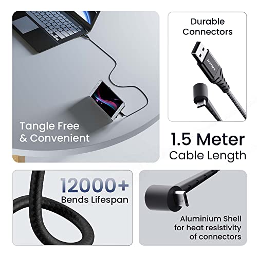 Ambrane Micro USB Standing Cable, 3A Fast Charging, Perfect for Holding Mobile while Charging/Binge-Watching, 480mbps Data Transmission, Braided Cable - 1.5m (ABSM-15 Black)