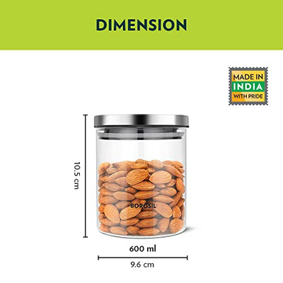 Borosil Classic Glass Jar, Air-Tight Storage Container For Kitchen, Glass Jar For Storing Spices, Snacks, Grains, Dals, Set of 2 (600 ml each), Clear