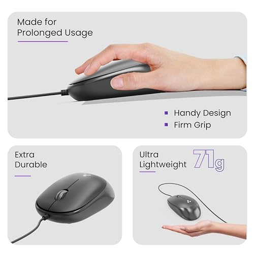 Ambrane Wired USB Mouse, Plug & Play, High Resolution 1600 DPI Optical Sensor, 3-Button Design, Clickable Scroll Wheel, Ambidextrous, Ergonomic Mouse for Comfortable All-Day Grip (Sliq 2 Wired)