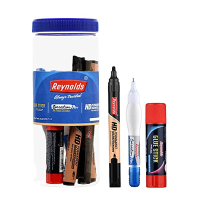 Reynolds Stationary Set - 2, 6gm Gluestick/ 2 Correction Pen / 2 HD PM Black Ink/ 2 HD PM Blue, Pack of 8