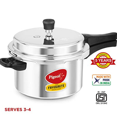 Pigeon By Stovekraft Favourite Aluminium Pressure Cooker with Outer Lid Induction and Gas Stove Compatible 5 Litre Capacity for Healthy Cooking (Silver)