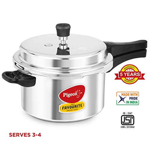 Pigeon By Stovekraft Favourite Aluminium Pressure Cooker with Outer Lid Induction and Gas Stove Compatible 5 Litre Capacity for Healthy Cooking (Silver)