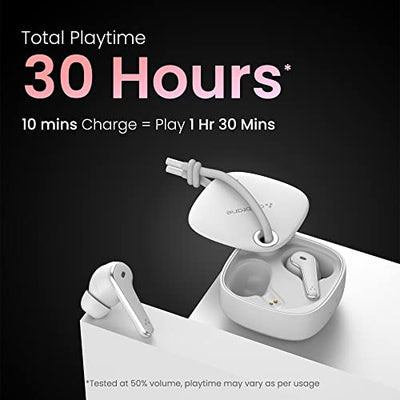 Ambrane Dots Dew True Wireless In Ear Earbuds with Up to 30 Hrs Playtime, Environmental Noise Cancellation, Latest Bluetooth V5.2, 10mm Drivers with BoostedBass, Lightweight, IPX4 Splash Proof (White)