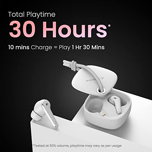 Ambrane Dots Dew True Wireless In Ear Earbuds with Up to 30 Hrs Playtime, Environmental Noise Cancellation, Latest Bluetooth V5.2, 10mm Drivers with BoostedBass, Lightweight, IPX4 Splash Proof (White)