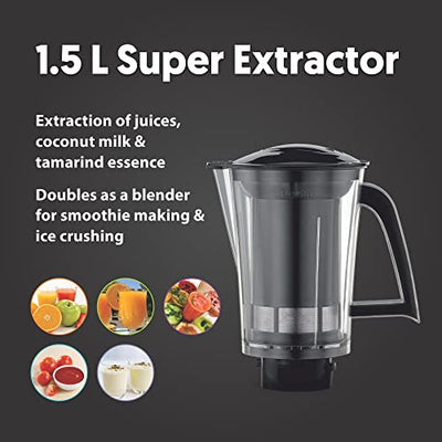 Preethi Steel Supreme MG-208 mixer grinder, 750 watt (Silver/ Black), 4 jars - Super Extractor juicer Jar, Vega W5 motor with 5yr Warranty & Lifelong Free Service