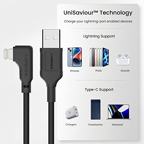 Ambrane Lightning Cable, 12W Fast Charging, L Shape for Easy Holding, Fishnet Nylon Braided, 480 Mbps Data Sync Cable for iPhone, iPad, Macbook, iMac, AirPods, 1m (ABLLS-10, Black)