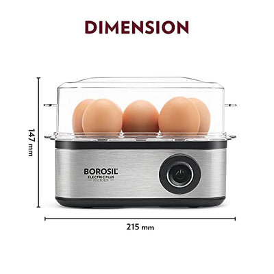 Borosil Electric Egg Boiler, 8 Egg Capacity, For Hard, Soft, Medium Boiled Eggs, Steamed Vegetables, Transparent Lid, Stainless Steel Exterior (500 Watts)