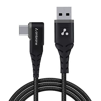Ambrane Type C Mobile Charging Cable 3A Fast Charging, 1.5 Meter, L Shaped Braided Cable, 480Mbps Data Transfer for Smartphones, Tablets, Laptops & Other Type C Devices (ABLC10, Black and Grey)