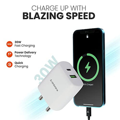 Ambrane 30W USB & Type C Fast Charger with QC & PD Technology, Made in India, Multiple Layer Protection, iPhone & Android Compatibility (RAAP H30, White)