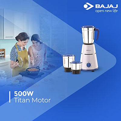 Bajaj Pluto 500W Mixer Grinder with 2 in 1 Function Blade, 3 Jars, White (Indian Plug)