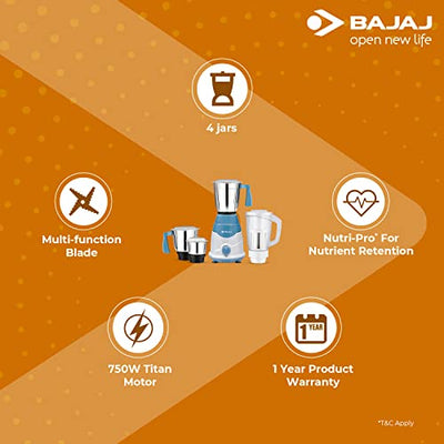 Bajaj Rex DLX 750 W 4 Jars Mixer Grinder, White and Blue (Indian Plug)