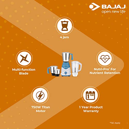 Bajaj Rex DLX 750 W 4 Jars Mixer Grinder, White and Blue (Indian Plug)