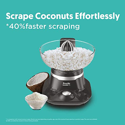 Preethi Cocosta Kp001 Coconut Scraper&Citrus Juicer,100% Safe Dual Protection Scraper With Safety Switch&Silicon Cap,Spillage Free Collection Bowl,100 Watt,2Yr Guarantee,