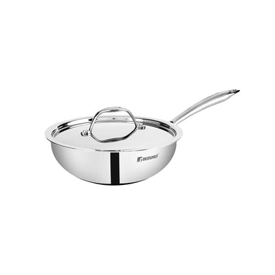 Bergner Argent Triply 22 cm Wok, 2.2 L Capacity, Stainless Steel Lid, For Stir-Fry/Sauté/Noodles/Fried Rice/Shallow Fry/Curries, Heat Resistant Handle, Multi-Layered Mirror Finish, Induction & Gas Ready, 5-Year Warranty