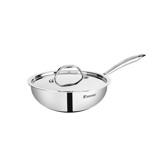 Bergner Argent Triply 22 cm Wok, 2.2 L Capacity, Stainless Steel Lid, For Stir-Fry/Sauté/Noodles/Fried Rice/Shallow Fry/Curries, Heat Resistant Handle, Multi-Layered Mirror Finish, Induction & Gas Ready, 5-Year Warranty