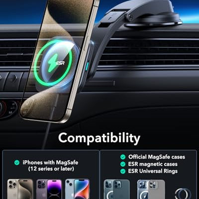 ESR Dashboard MagSafe Car Mount Charger, Compatible with MagSafe Car Charger, Magnetic Car Phone Holder for iPhone 16/15/14/13/12 Series & Galaxy S25, Fast Charging, Black