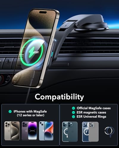 ESR Dashboard MagSafe Car Mount Charger, Compatible with MagSafe Car Charger, Magnetic Car Phone Holder for iPhone 16/15/14/13/12 Series & Galaxy S25, Fast Charging, Black