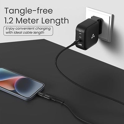 Ambrane 2-in-1 Type-C & Lightning Cable with 60W Fast Charging, PD Technology, 480Mbps Data Sync, Braided Cable Compatible with All Type-C & iPhone, iPad, Macbook & Airpods, 1.2m (ACDCS-12, Black)