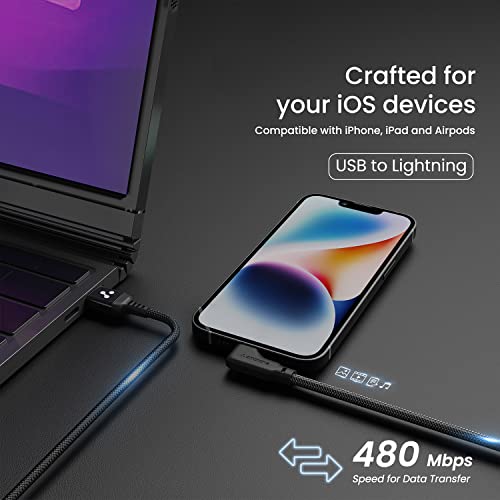 Ambrane Lightning Cable, 12W Fast Charging, L Shape for Easy Holding, Fishnet Nylon Braided, 480 Mbps Data Sync Cable for iPhone, iPad, Macbook, iMac, AirPods, 1m (ABLLS-10, Black)