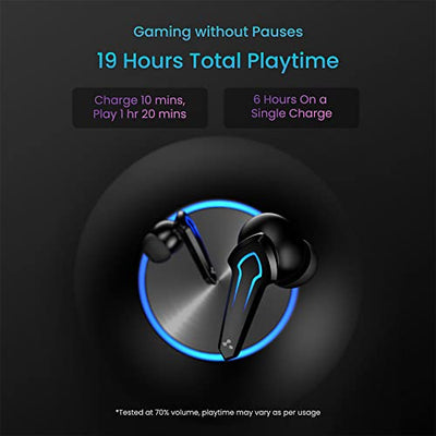 Ambrane Dots Play True Wireless Gaming in Ear Earbuds | 46ms Ultra-Low Latency | Lag-Free Audio | 19 Hours Long Playtime | Bluetooth V5.1 | 13mm Dynamic Drivers for Boosted Bass | IPX4 (Black)