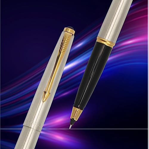Parker Galaxy Stainless Steel Gold Trim Roller Ball Pen - Blue Ink, Pack Of 1