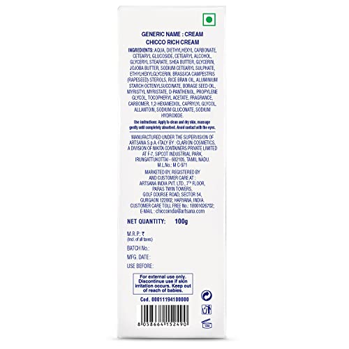 Chicco Baby Moments Rich Cream, New Advanced Formula with Natural Ingredients for Extra Rich Moisturization, Suitable for Preventing Dryness, No Phenoxyethanol and Parabens (100g)