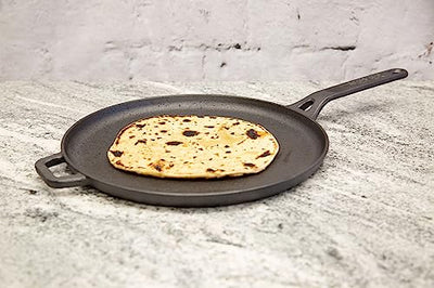Meyer Pre-Seasoned Cast Iron Flat Dosa, Roti, Chapati Tawa Pan with Stick Handle, Dosa Kallu, Iron Tawa Big Size | Pre-Seasoned Iron Cookware | Gas and Induction Compatible | 28cm, Black