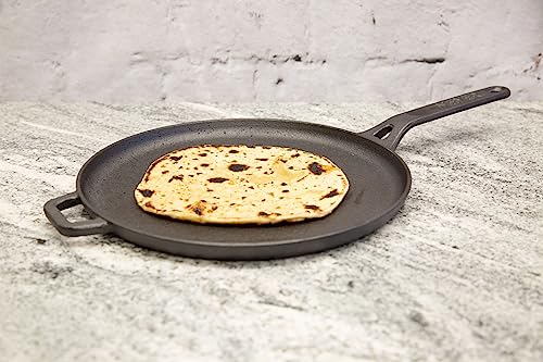 Meyer Pre-Seasoned Cast Iron Flat Dosa, Roti, Chapati Tawa Pan with Stick Handle, Dosa Kallu, Iron Tawa Big Size | Pre-Seasoned Iron Cookware | Gas and Induction Compatible | 28cm, Black