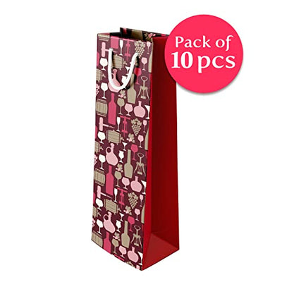 PaperPep Maroon Barrel & Bottles 14"X4.85"X3.65" Wine Paper Bag Pack of 10 | Wine Bottle Bags for Return Gifting, Birthday, Presents & Other Occasion