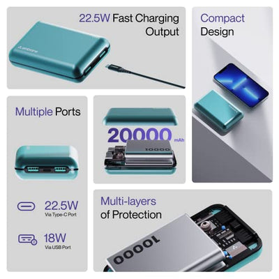 Ambrane 20000 mAh Power Bank with 22.5W Fast Charging, Compact Size, Triple Output, Type C PD (Input & Output), Li-Polymer, Metallic Body, Made in India + Type C Cable (Powerlit XL, Green)