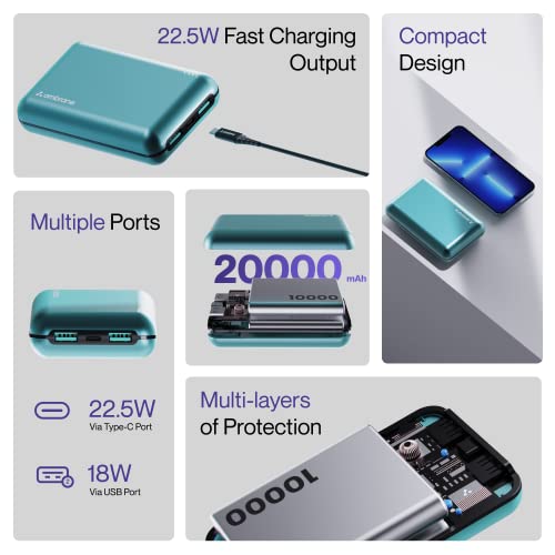 Ambrane 20000 mAh Power Bank with 22.5W Fast Charging, Compact Size, Triple Output, Type C PD (Input & Output), Li-Polymer, Metallic Body, Made in India + Type C Cable (Powerlit XL, Green)