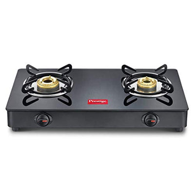 Prestige IRIS Toughened Glass-Top 2 Brass Burner LPG Gas Stove | Black | Spill Proof | Ergonomic Knobs | Tri-Pin Brass Burners