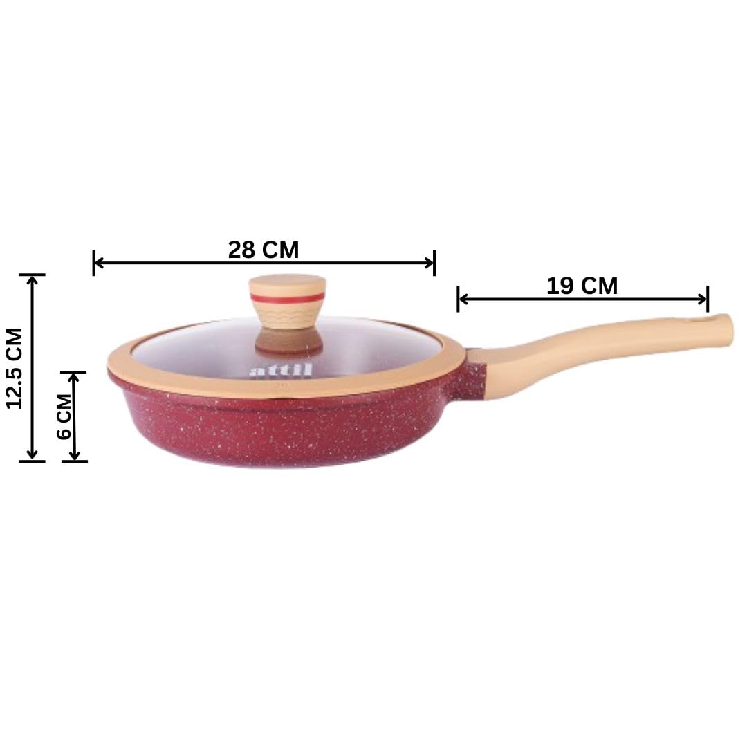 ATTIL - 28 cm Non-Stick Fry Pan with Glass Lid and Silicone Spatula - Induction Base - Granite Cookware Frying Pan - 2.5 LTR - Granite Red