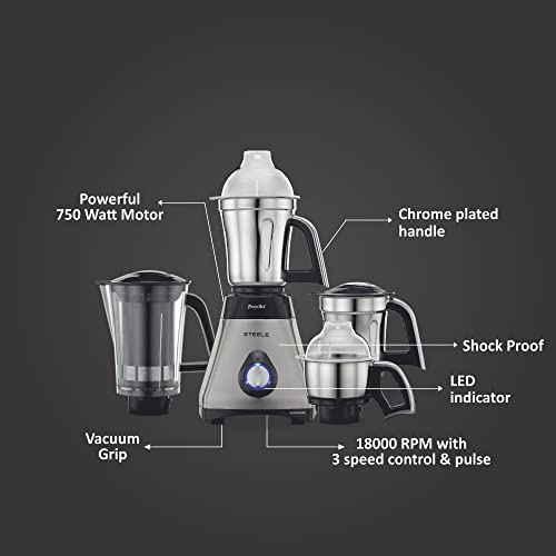 Preethi Steel Supreme MG-208 mixer grinder, 750 watt (Silver/ Black), 4 jars - Super Extractor juicer Jar, Vega W5 motor with 5yr Warranty & Lifelong Free Service