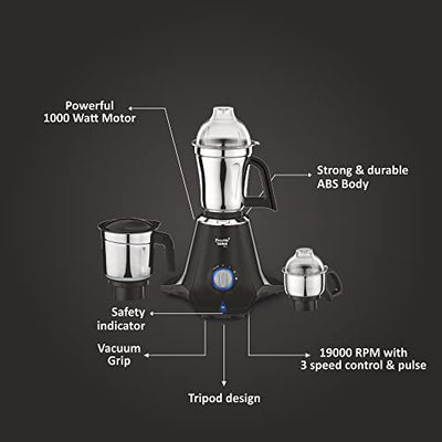 Preethi Taurus Pro MG-256 Mixer Grinder, Black, 3 Jars,Powerful 1000 Watt motor for perfect grinding in 90 sec, Shock proof ABS Plastic Body, 5 Yr Motor Warranty & Lifelong Free Service