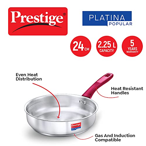 Prestige Stainless Steel Platina Popular Gas Compatible Fry Pan, 24 Cm (2.25 L) + Platina Popular Kadai with Glass Lid, 24 Cm (2.8 L) Kitchen Set