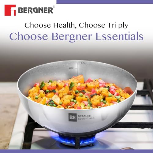 Bergner BE Essentials Tri-Ply Stainless Steel 18 cm Tasra, Steel Kadai/Tasla Without Handle, Even Heat Distribution, Easy to Clean, Gas Stove Compatible, Silver, 5-Year Warranty