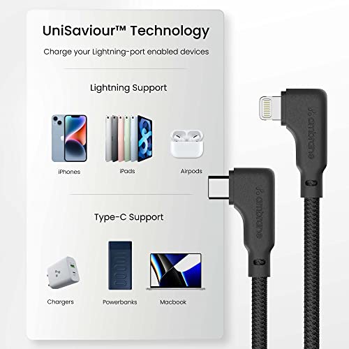 Ambrane Type-C To Lightning Cable, 22.5W Fast Charging, L Shape for Easy Holding, 480Mbps Data Sync, PD Technology, Braided Cable for iPhone, iPad, Macbook, iMac and Airpods - 1.2m (ABLTLS-12 Black)