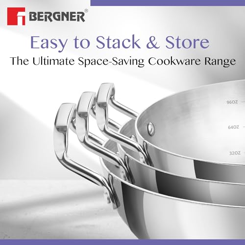 BERGNER BE Essentials TriPly Stainless Steel 18 cm Extra Deep Kadai/Indian Wok, 1 L Kadhai, Even Heat Distribution, Consumes Less Oil, Easy to Clean, Gas Stove Compatible, 5-Year Warranty