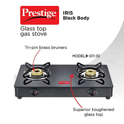 Prestige IRIS Toughened Glass-Top 2 Brass Burner LPG Gas Stove | Black | Spill Proof | Ergonomic Knobs | Tri-Pin Brass Burners