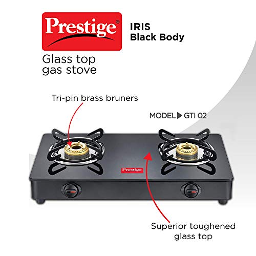Prestige IRIS Toughened Glass-Top 2 Brass Burner LPG Gas Stove | Black | Spill Proof | Ergonomic Knobs | Tri-Pin Brass Burners