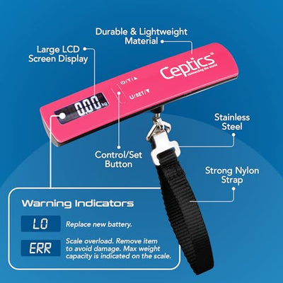 Ceptics weight machine for luggage weighing scale, luggage weighing scale capable capacity up to 50 Kg, weighing machine for luggage with LCD display luggage scale for bags, home, shop - PINK