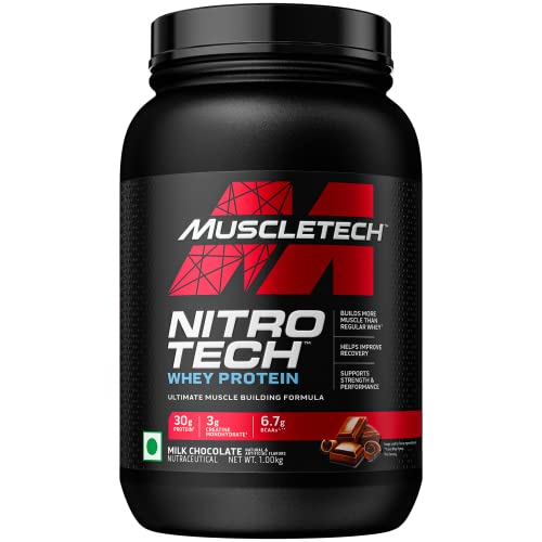 MuscleTech Nitrotech Whey Protein Powder Milk Chocolate - 907g Ultimate Muscle Building Formula for Muscle Support & Recovery (30g Protein, 3g Creatine Monohydrate & 6.7g BCCA's)