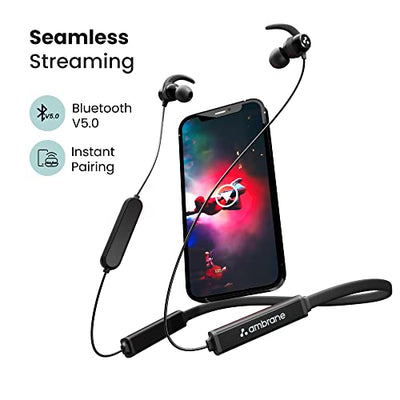 Ambrane Bassband Hyper Wireless Earphones with 27Hrs Playtime,3Hrs Playtime in 10 Mins Charge,Boostedbass Sound,Multifunctional Controls,Voice Assistance,Ipx4 (Black),in-Ear