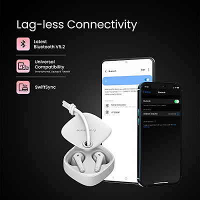 Ambrane Dots Dew True Wireless In Ear Earbuds with Up to 30 Hrs Playtime, Environmental Noise Cancellation, Latest Bluetooth V5.2, 10mm Drivers with BoostedBass, Lightweight, IPX4 Splash Proof (White)